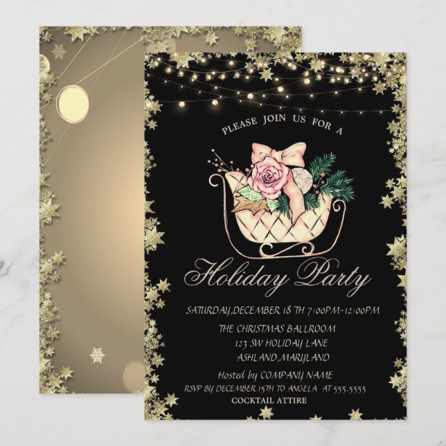 Chic Christmas Sleigh Stars Holiday Invitation (Front/Back)