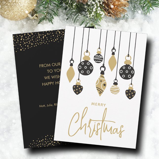 Chic Christmas Tree Ornaments Holiday Card (Black and gold Christmas tree ornaments on holiday greeting cards, PRINTED and/or INSTANT DOWNLOAD)