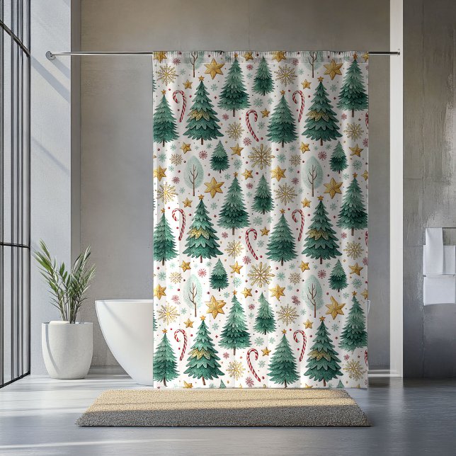 Chic Christmas Trees Watercolor Holiday Curtain (Chic Christmas Trees Watercolor Holiday Curtain)