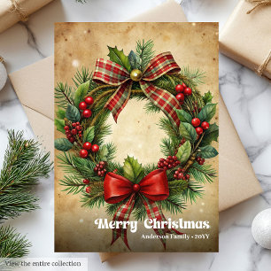 Chic Christmas wreath classic holly berries Holiday Card