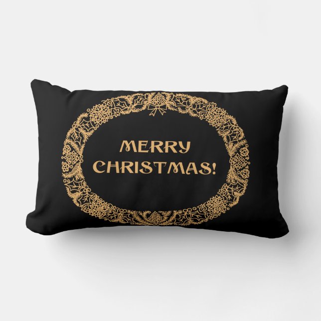 Chic Christmas Wreath Design Gold-effect on Black Lumbar Pillow (Front)
