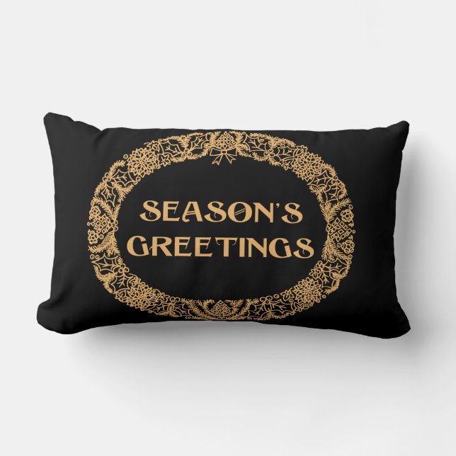 Chic Christmas Wreath Design Gold-effect on Black Lumbar Pillow (Front)