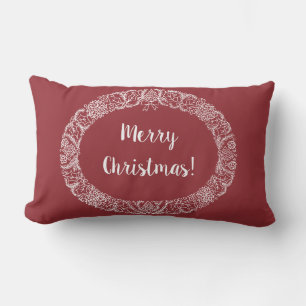Chic Christmas Wreath Design White on Deep Red Lumbar Pillow