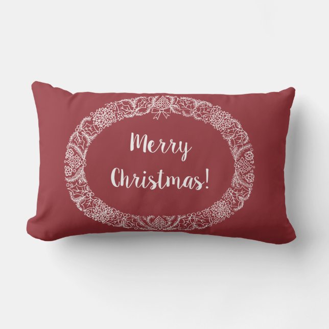 Chic Christmas Wreath Design White on Deep Red Lumbar Pillow (Front)