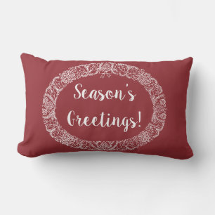 Chic Christmas Wreath Design White on Deep Red Lumbar Pillow