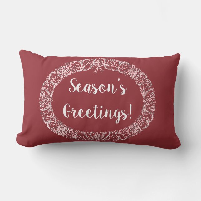 Chic Christmas Wreath Design White on Deep Red Lumbar Pillow (Front)