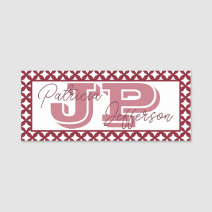 Chic Cinnabar Dark Red Mesh Border Unique Monogram Name Tag