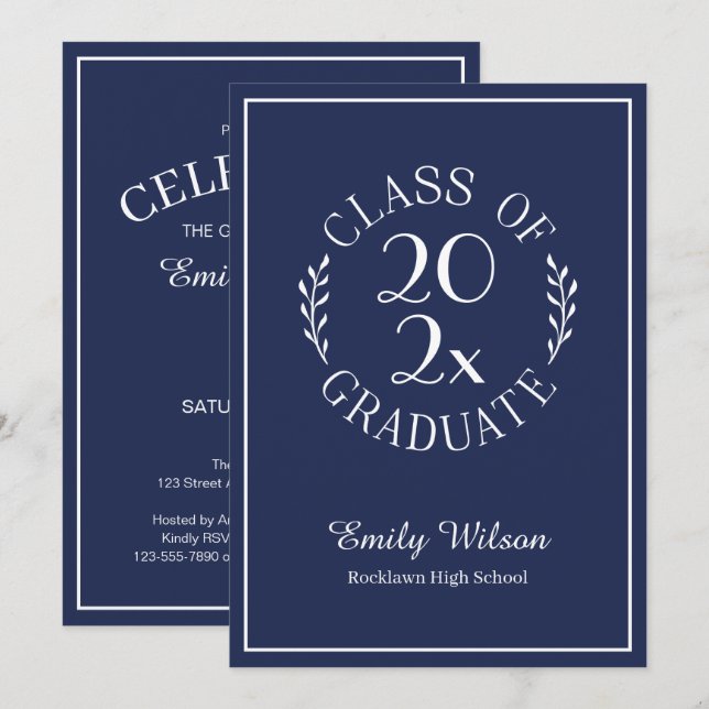 Chic Class Of 2025 Navy Blue Graduation Party Invitation (Front/Back)