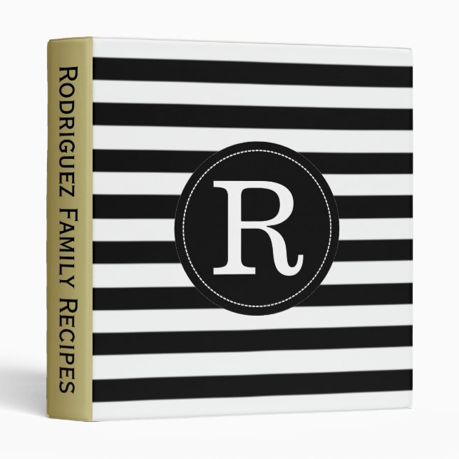 Chic Classic Black White Striped, Gold Ribbon Name Binder (Front/Spine)