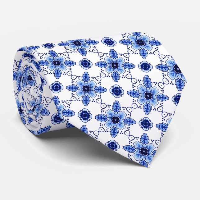 Chic Classic Dutch Delft Blue Floral Art Pattern Tie (Rolled)