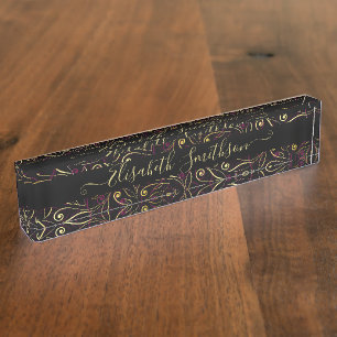 Chic Classy Elegant Dark Black Professional Floral Nameplate
