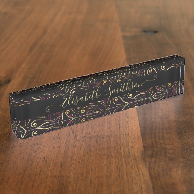 Chic Classy Elegant Dark Black Professional Floral Nameplate (Side)