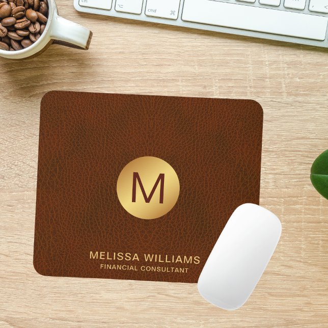 Chic Classy Faux Brown Leather & Gold Initials Mouse Pad (Creator Uploaded)
