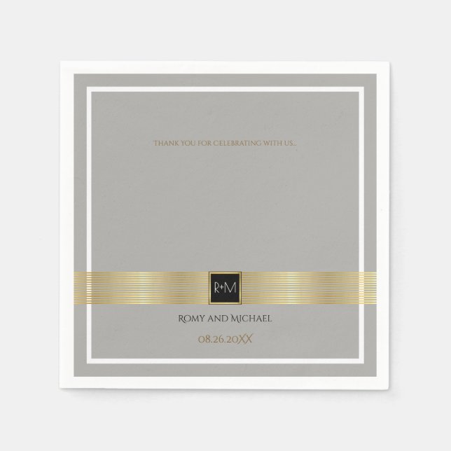 chic & classy gold lines on grey wedding monogram napkin (Front)