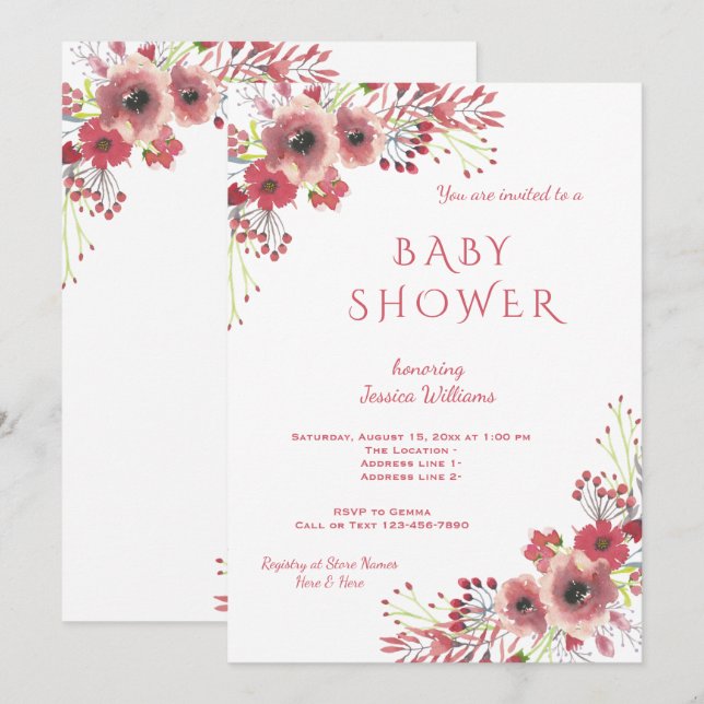 Chic Classy Red Floral Watercolor Baby Shower Invitation (Front/Back)