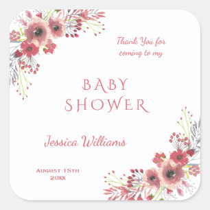 Chic Classy Red Floral Watercolor Baby Shower Square Sticker
