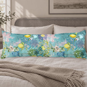 Chic collage blue turquoise sicilian citrus floral body pillow