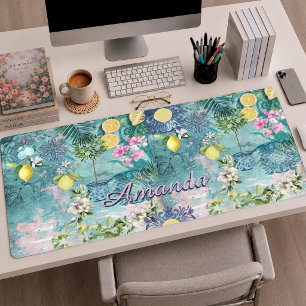 Chic Collage Blue Turquoise Sicilian Citrus Floral Desk Mat