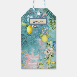 Chic collage blue turquoise sicilian citrus floral gift tags