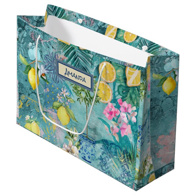 Chic collage blue turquoise sicilian citrus floral large gift bag (Front Angled)