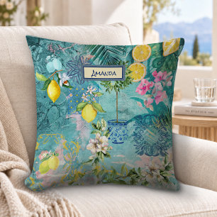 Chic collage blue turquoise sicilian citrus floral throw pillow