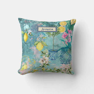 Chic collage blue turquoise sicilian citrus floral throw pillow