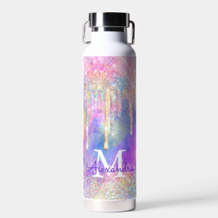 Chic colorful unicorn dripping glitter monogram water bottle