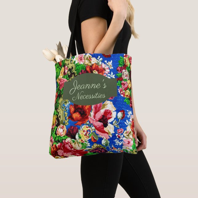 Chic Colourful Antique Floral Sage Green Name Tote Bag (Close Up)