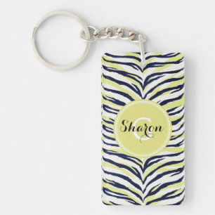Chic colourful black & yellow zebra print monogram keychain