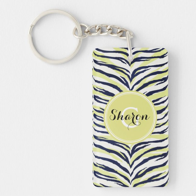 Chic colourful black & yellow zebra print monogram keychain (Front)