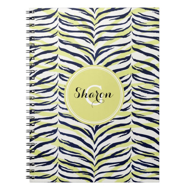 Chic colourful black & yellow zebra print monogram notebook (Front)