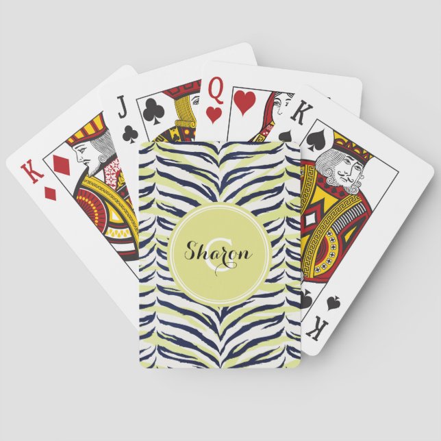 Chic colourful black & yellow zebra print monogram playing cards (Back)