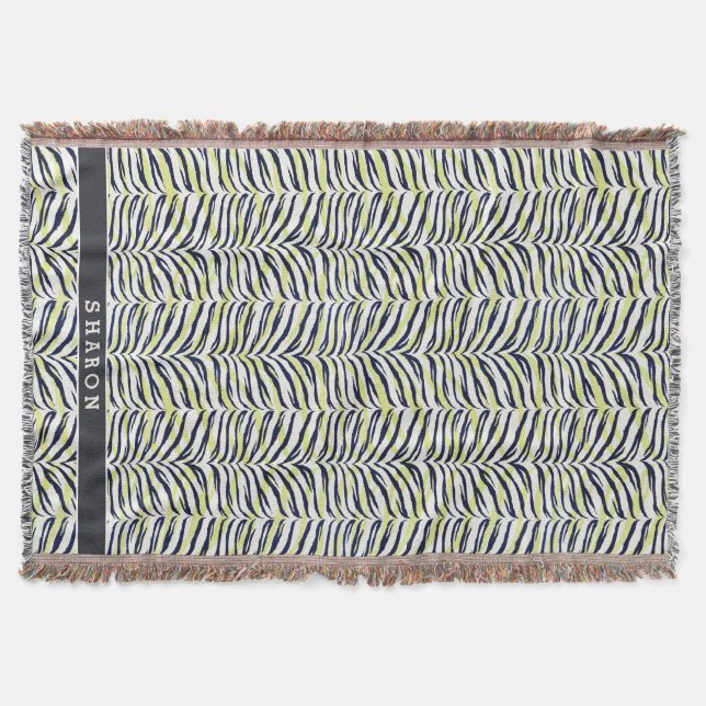 Chic colourful black & yellow zebra print monogram throw blanket (Front)