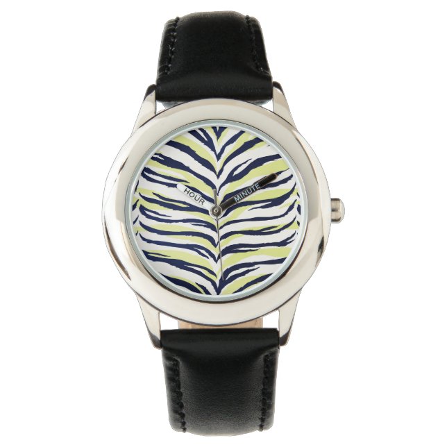 Chic colourful black & yellow zebra print monogram watch (Front)