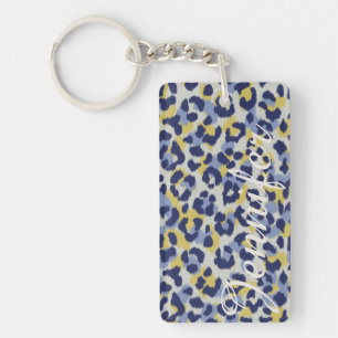 Chic colourful blue yellow cheetah print monogram keychain