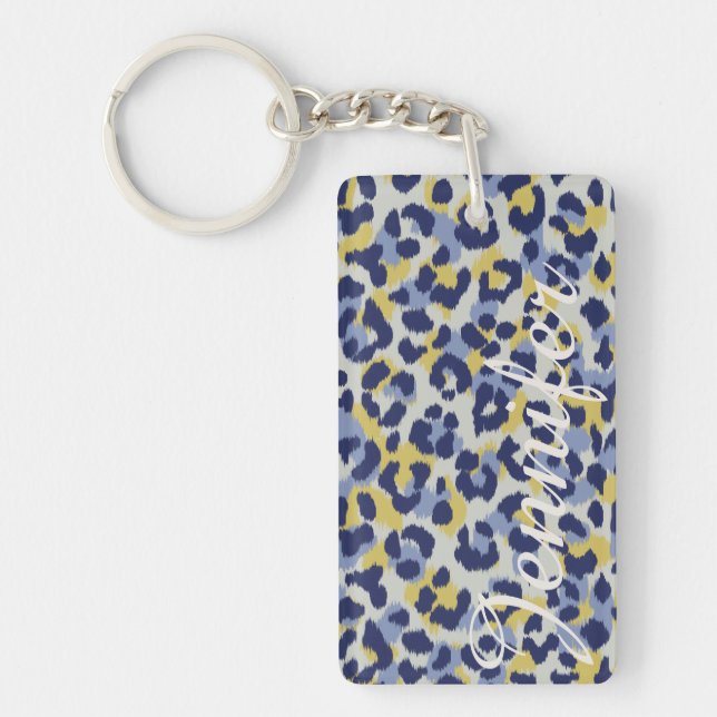 Chic colourful blue yellow cheetah print monogram keychain (Front)