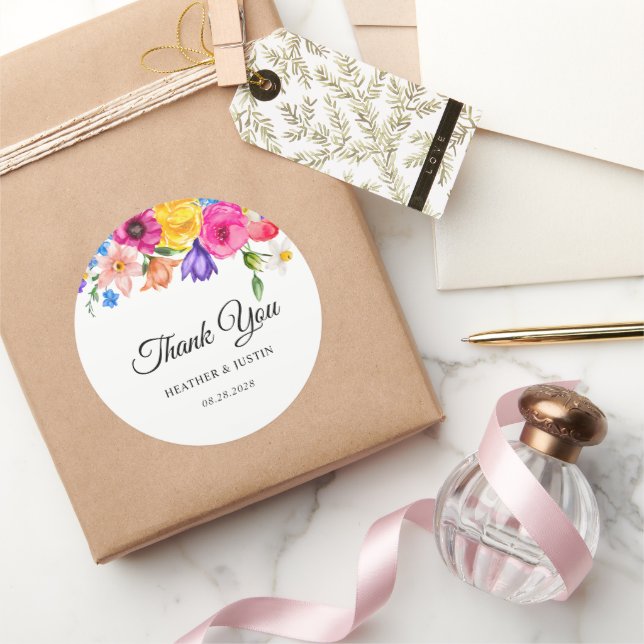 Chic colourful bright wildflowers wedding thank yo classic round sticker (Gifting)