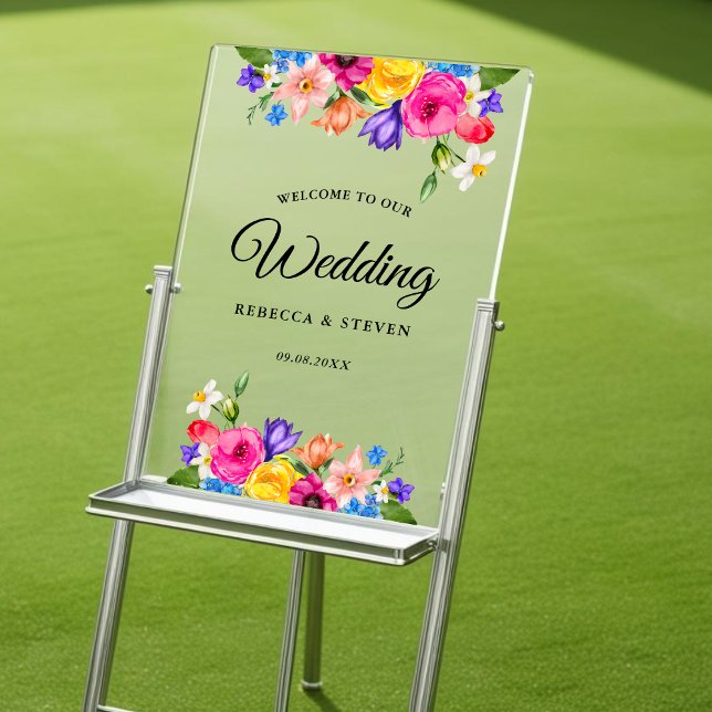 Chic colourful bright wildflowers wedding welcome acrylic sign (Creator Uploaded)
