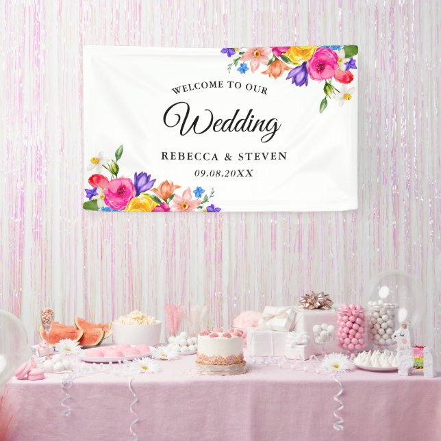 Chic colourful bright wildflowers wedding welcome  banner (Party)