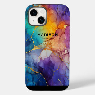 Chic colourful faux gold glitter marbling monogram iPhone 14 case