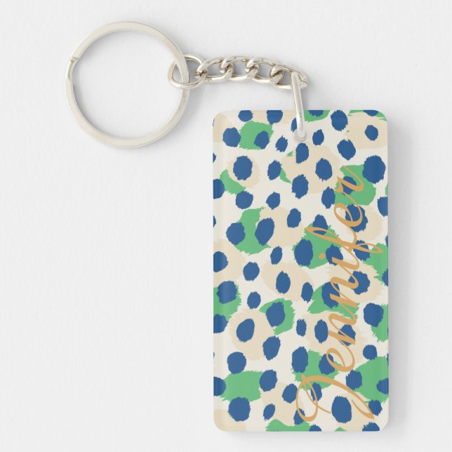 Chic colourful green blue cheetah print monogram keychain (Front)