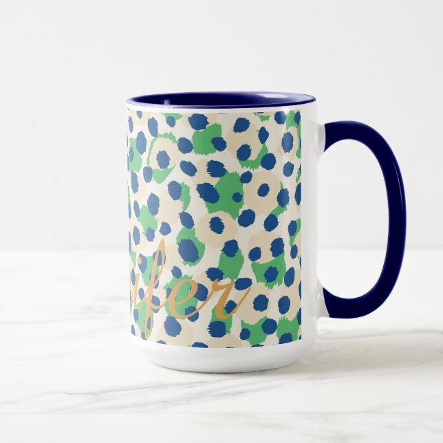 Chic colourful green blue cheetah print monogram mug (Right)