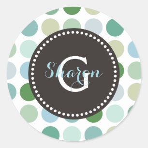 Chic colourful green polka dots pattern monogram classic round sticker