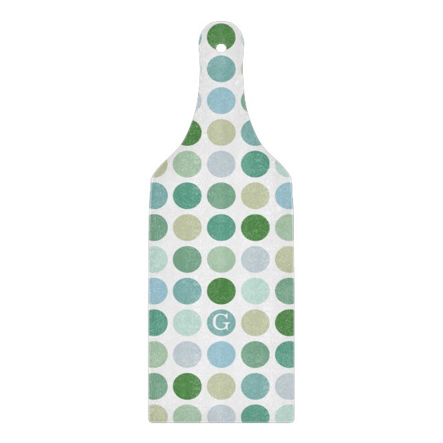 Chic colourful green polka dots pattern monogram cutting board (Front)