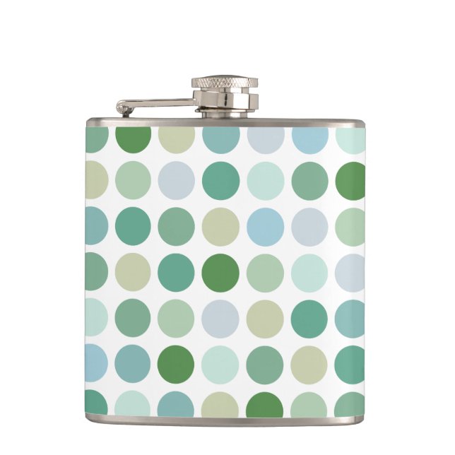 Chic colourful green polka dots pattern monogram hip flask (Front)