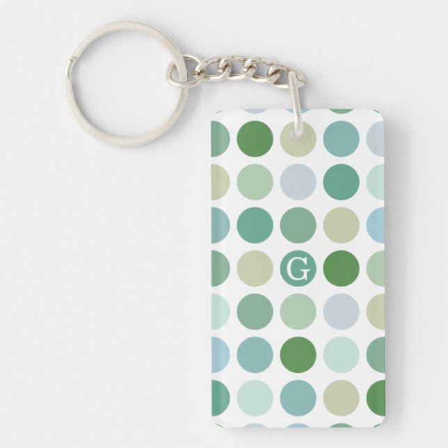 Chic colourful green polka dots pattern monogram keychain (Front)