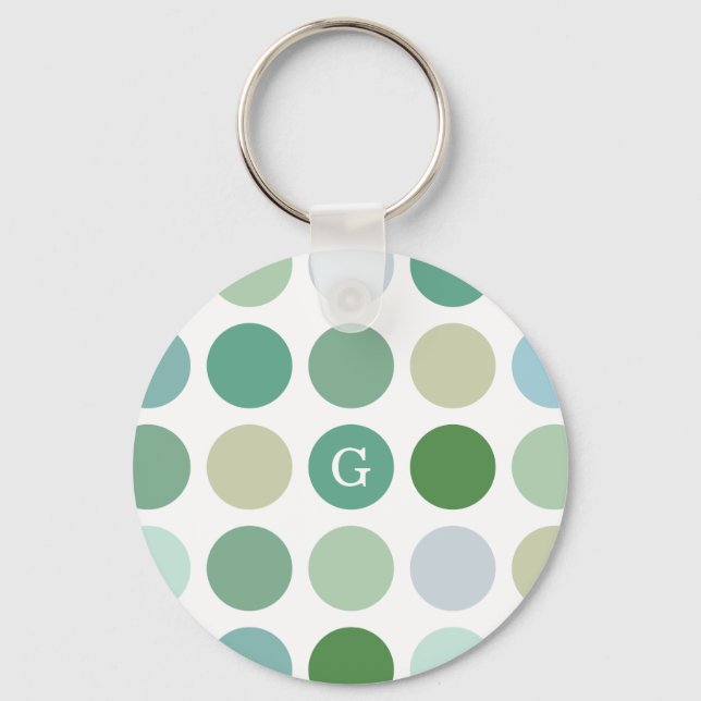 Chic colourful green polka dots pattern monogram keychain (Front)