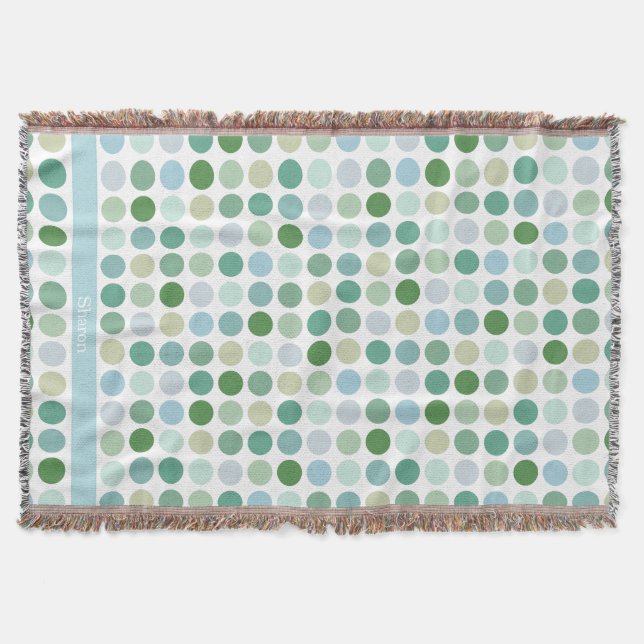 Chic colourful green polka dots pattern monogram throw blanket (Front)