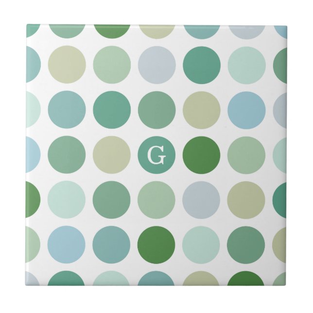 Chic colourful green polka dots pattern monogram tile (Front)
