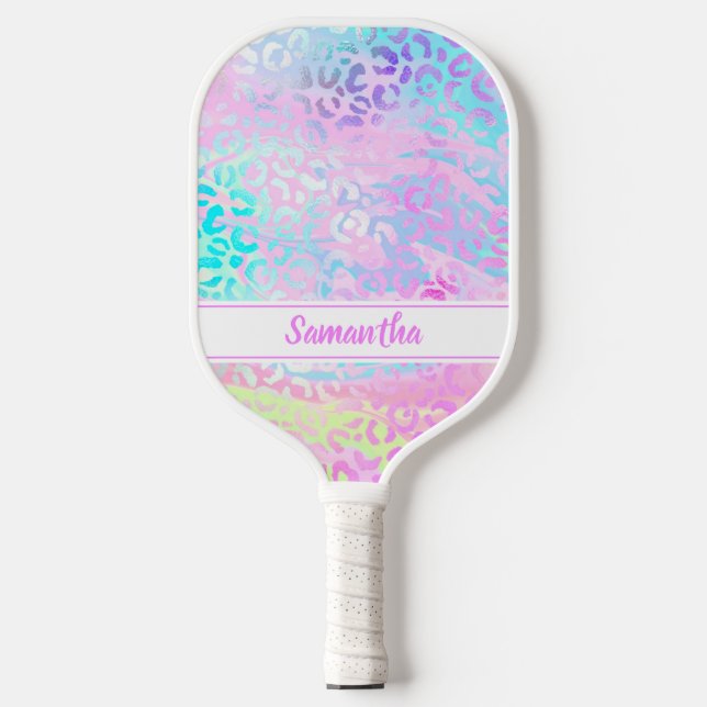 Chic Colourful Leopard Print Personalized Pickleball Paddle (Front)